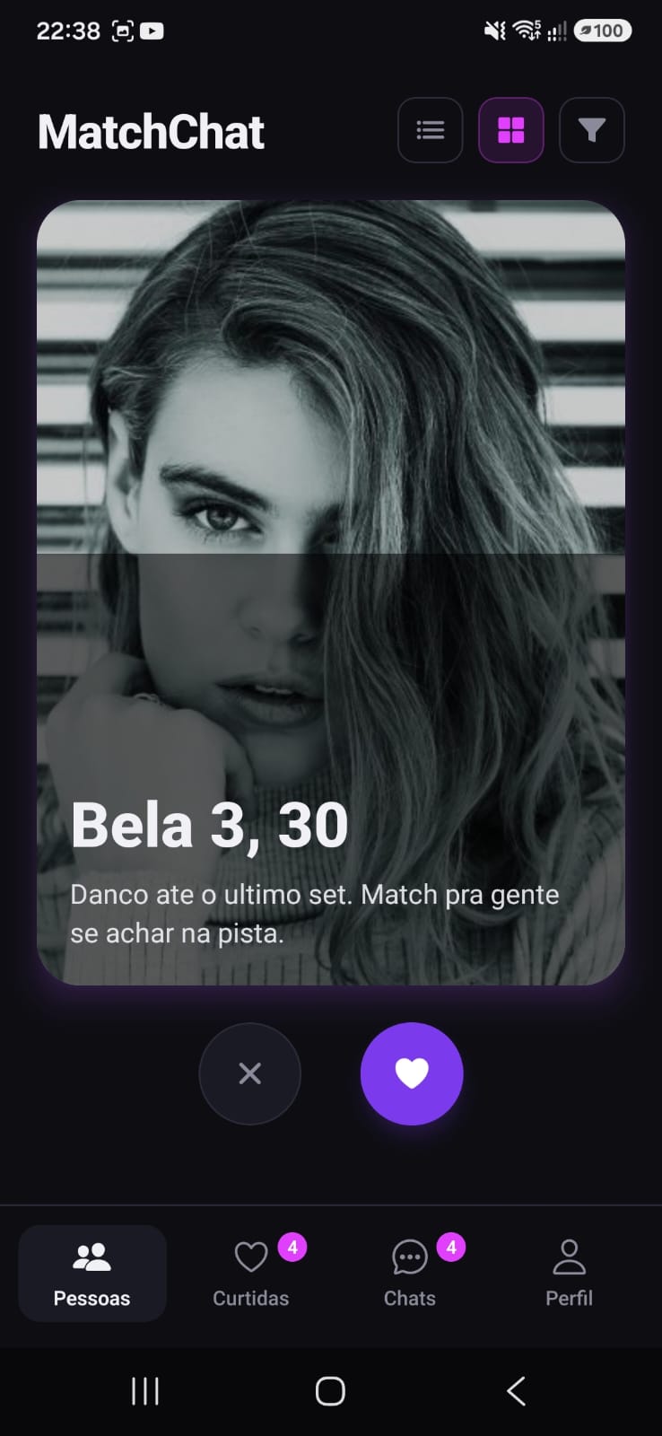 Tela de descoberta do MatchChat